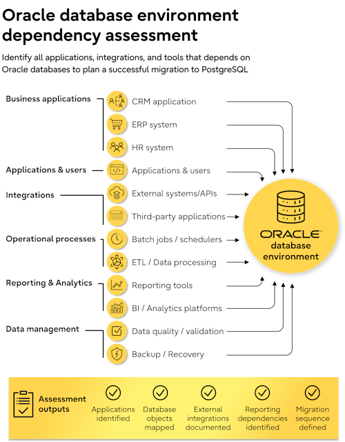 Oracle database dependency map shows connected applications, integrations, reporting tools, and assessment outputs