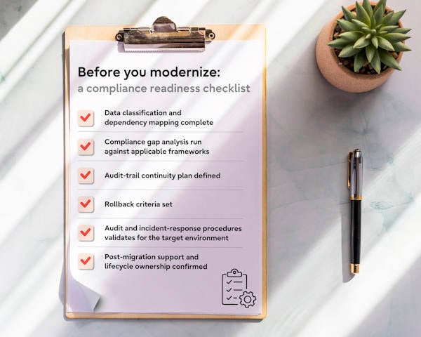 Compliance readiness checklist covers data mapping, gap analysis, audit continuity, rollback, incident response, and support