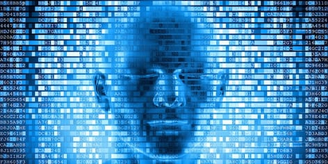 Human head emerging from computer code